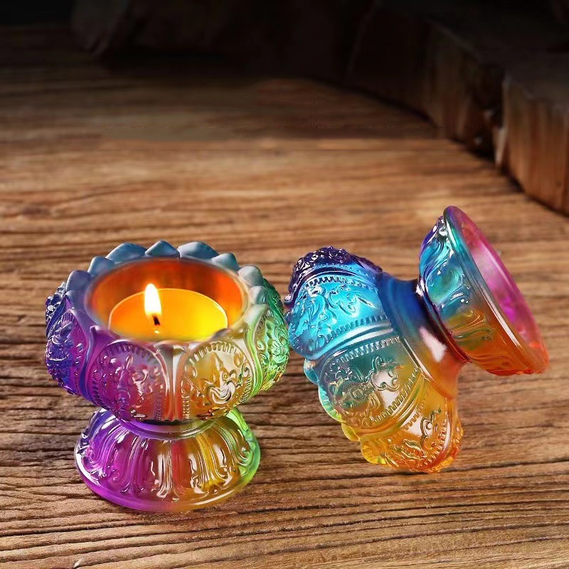 七彩烛台仿琉璃莲花 酥油烛台灯座烛台灯架蜡烛灯盏蜡烛灯座摆件