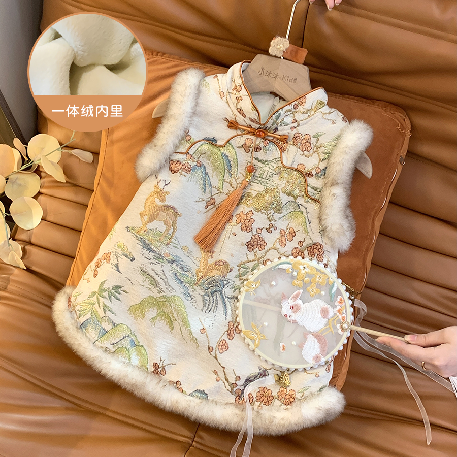 【现货】女童加绒背心裙旗袍裙2024新款周岁礼服小童女宝宝洋气裙子