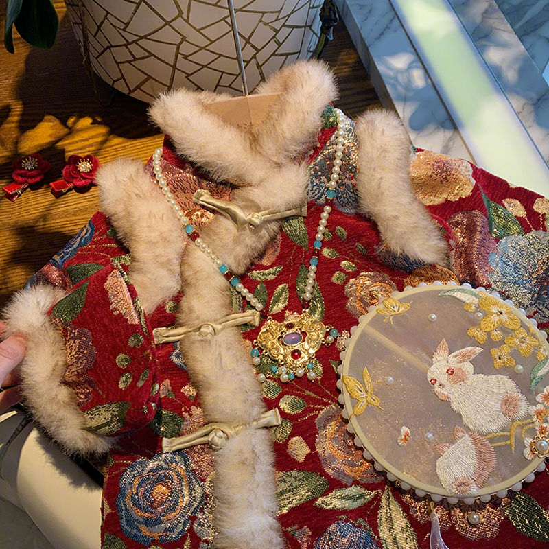 【现货】小沐沐女童旗袍裙2024新款小童周岁礼服女宝国风加绒裙子