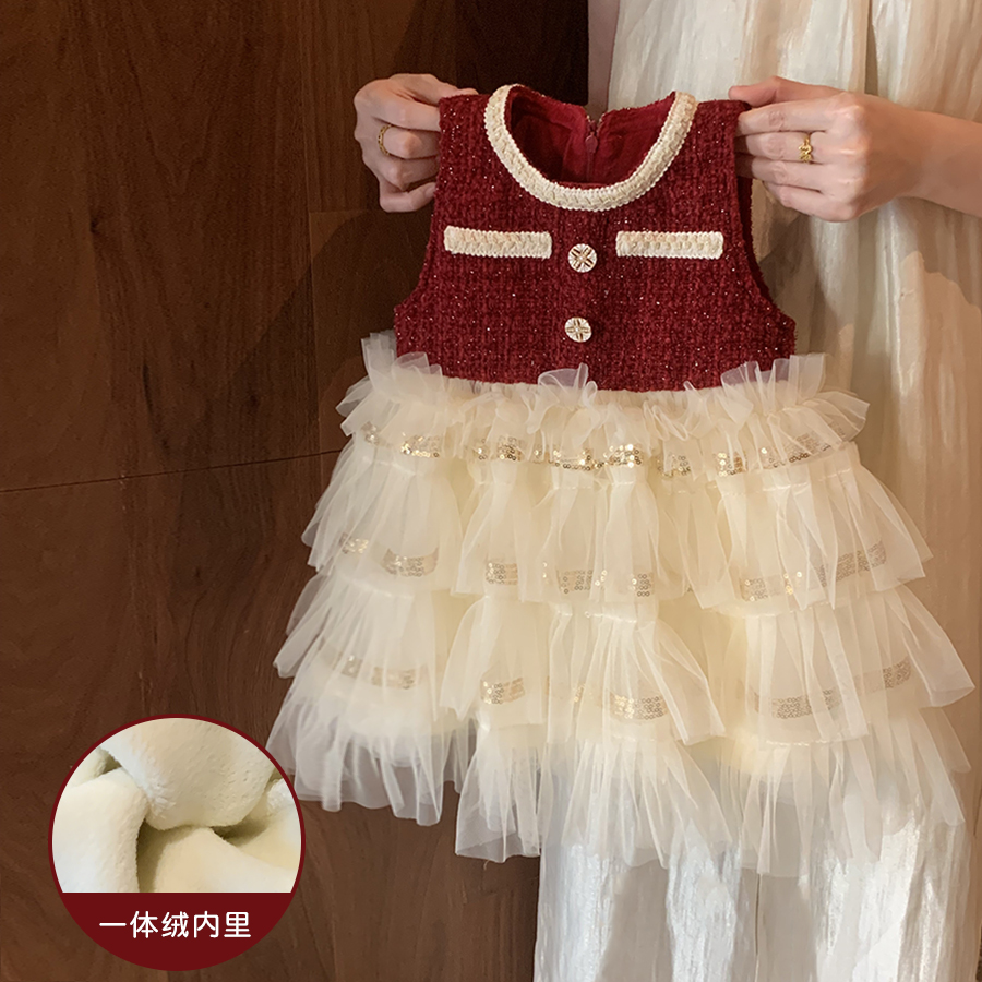 【现货】女童小香风连衣裙2025新款周岁礼服新年公主裙女宝宝背心裙