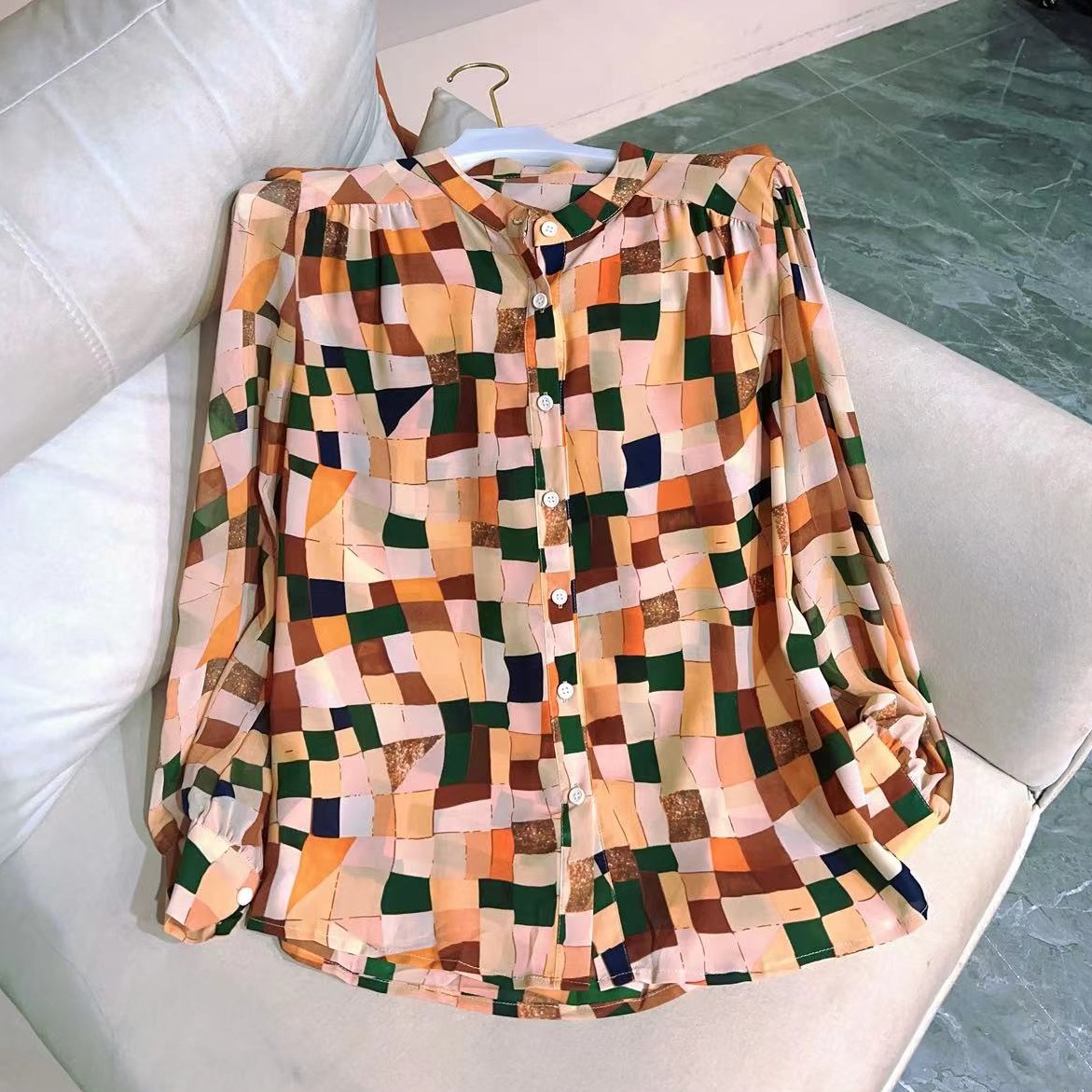 新款显瘦长袖印花衬衫洋气小众气质衬衣时尚百搭女士上衣2288长60