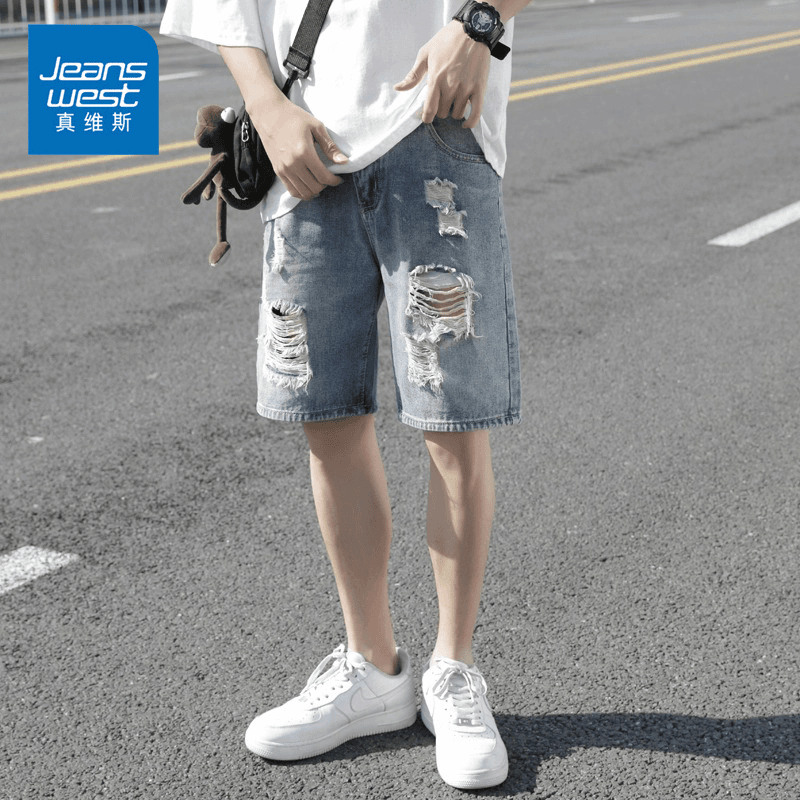 Jeanswest/真维斯美式破洞牛仔短裤男士夏季薄款百搭宽松五分裤子