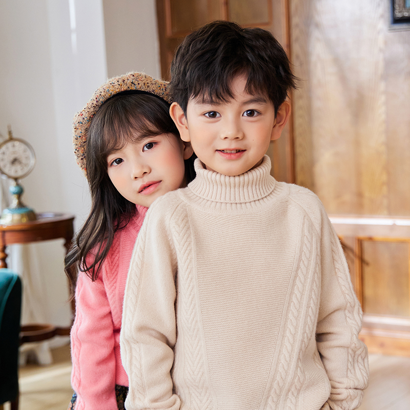 儿童羊毛衫扭花加厚高翻领休闲男女童秋冬打底纯色针织毛衣宝宝
