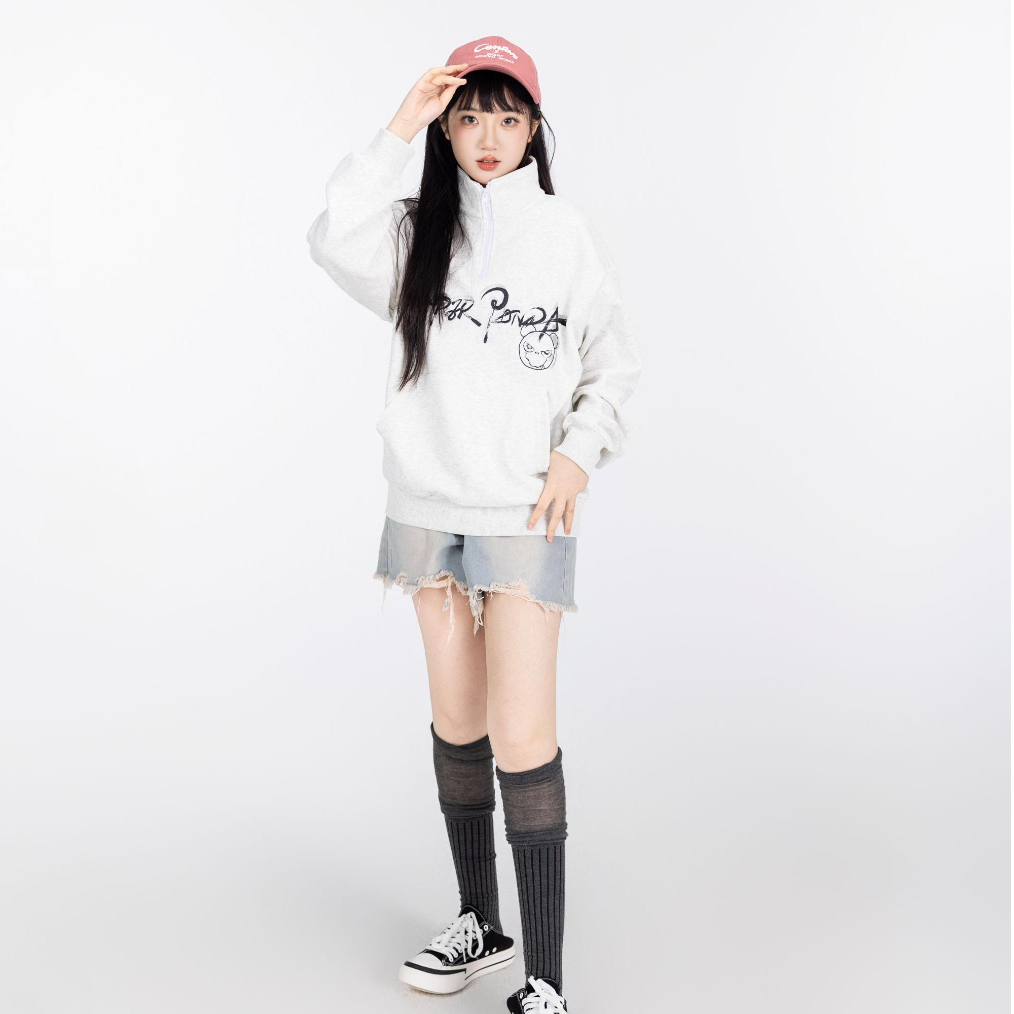 HiPanda/你好熊猫秋季男女同款百搭立领套头长袖卫衣 24AWWH018/1