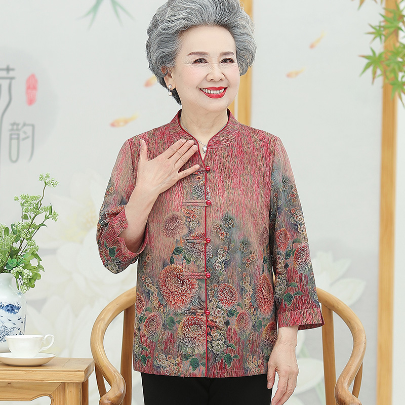 奶奶春夏衬衫薄款中老年女装绣花上衣开衫洋气老太太衬衫老人衣服