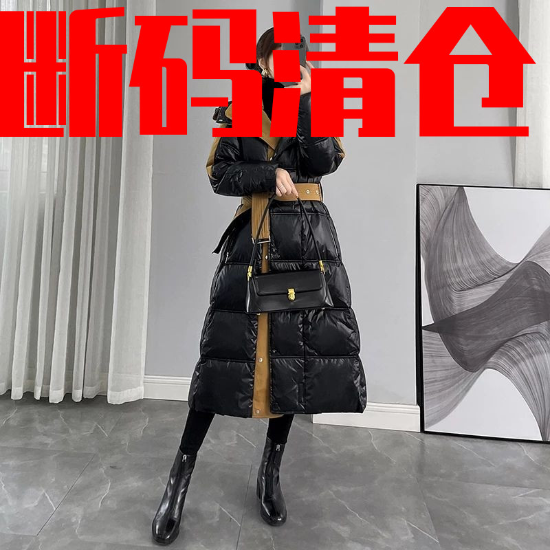 雅鹿真羽绒服】亮面黑色女长款过膝羽绒服女新款女装冬季拼接外套