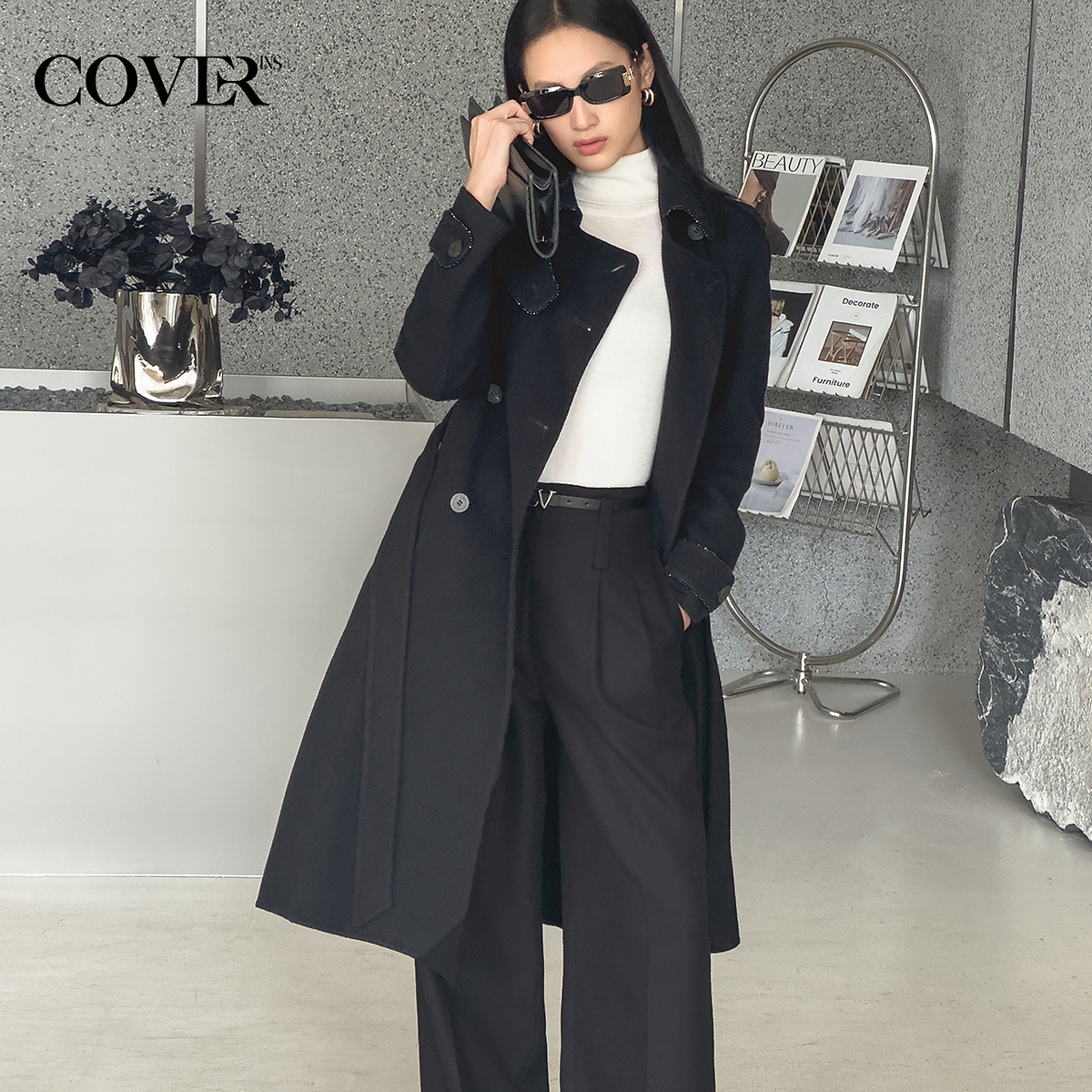 COVERINS2024冬季标准版型珠链镶边斜纹双面呢大衣