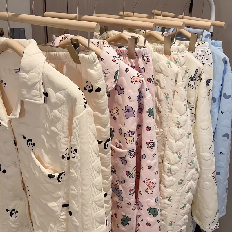 空气棉夹层睡衣女冬季加绒加厚卡通2023新款保暖可外穿家居服套装