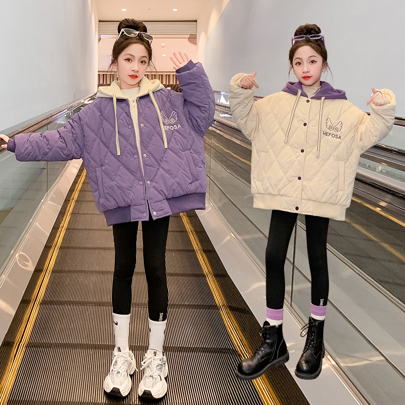 厂家直销女童2024冬装秋冬加厚棉衣外套假两件翅膀绣花加绒棉衣