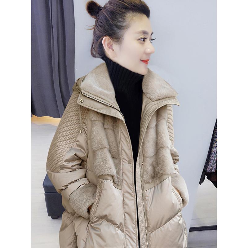 欧货杏色毛领羽绒服女冬季宽松中长款棉袄外套2023新款欧洲站潮