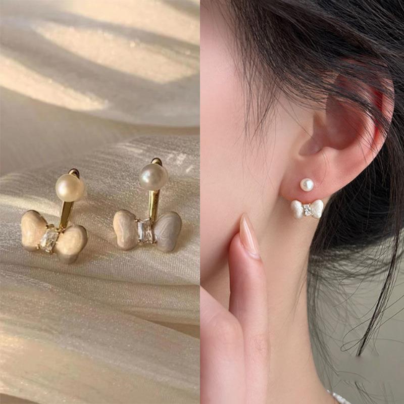 法式轻奢高级感白色滴釉蝴蝶结耳环女耳挂式百搭耳钉精