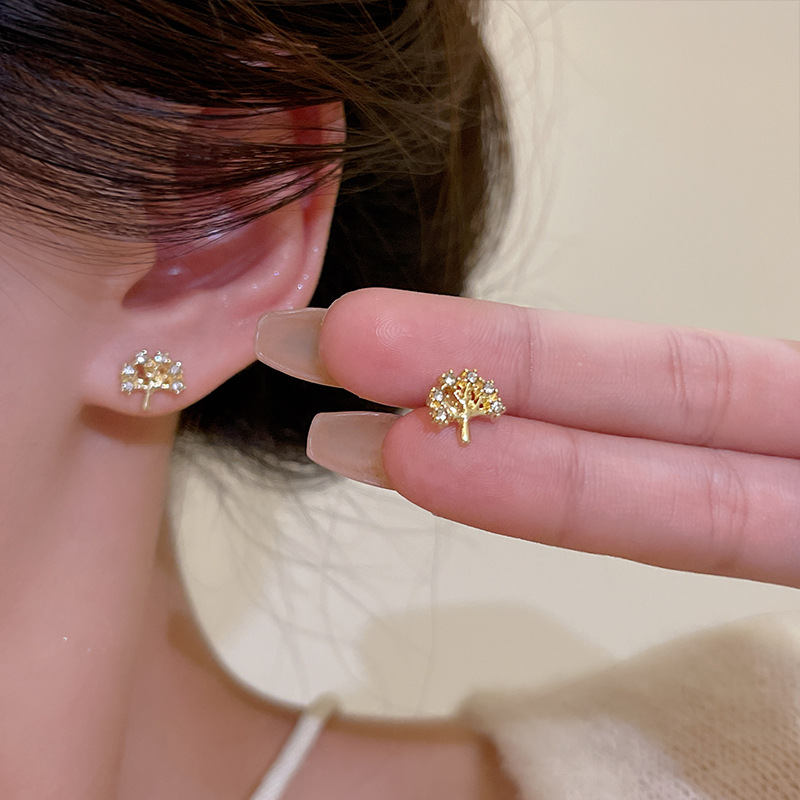 S925银针独特小树耳环女小巧简约满钻耳钉森系设计感网