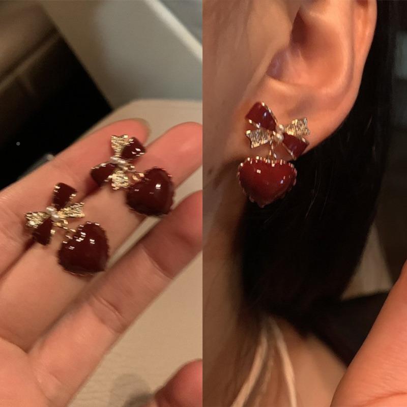 s925银酒红色蝴蝶结桃心锆石耳钉女小众设计气质耳环轻