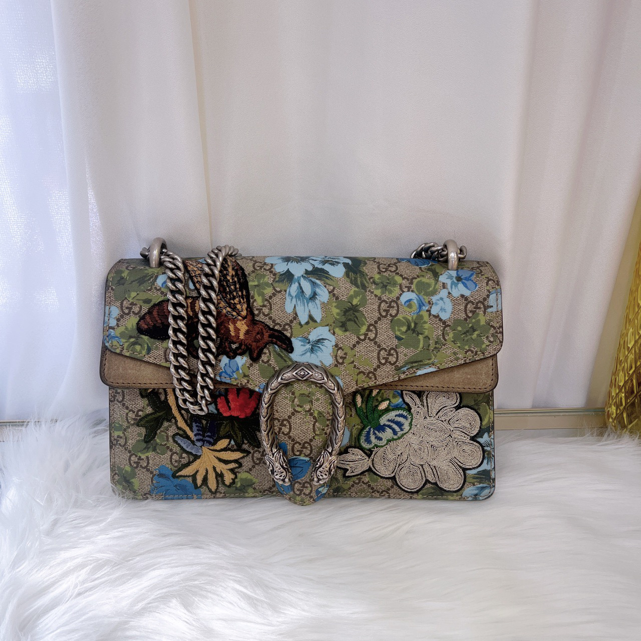 95新 GUCCI/古驰 酒神花卉 中号手工浮雕刺绣小蜜蜂天竺葵