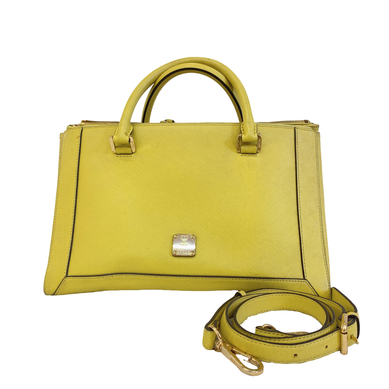 95新 MCM 手提包经典黄色 十字皮纹 可手提斜挎