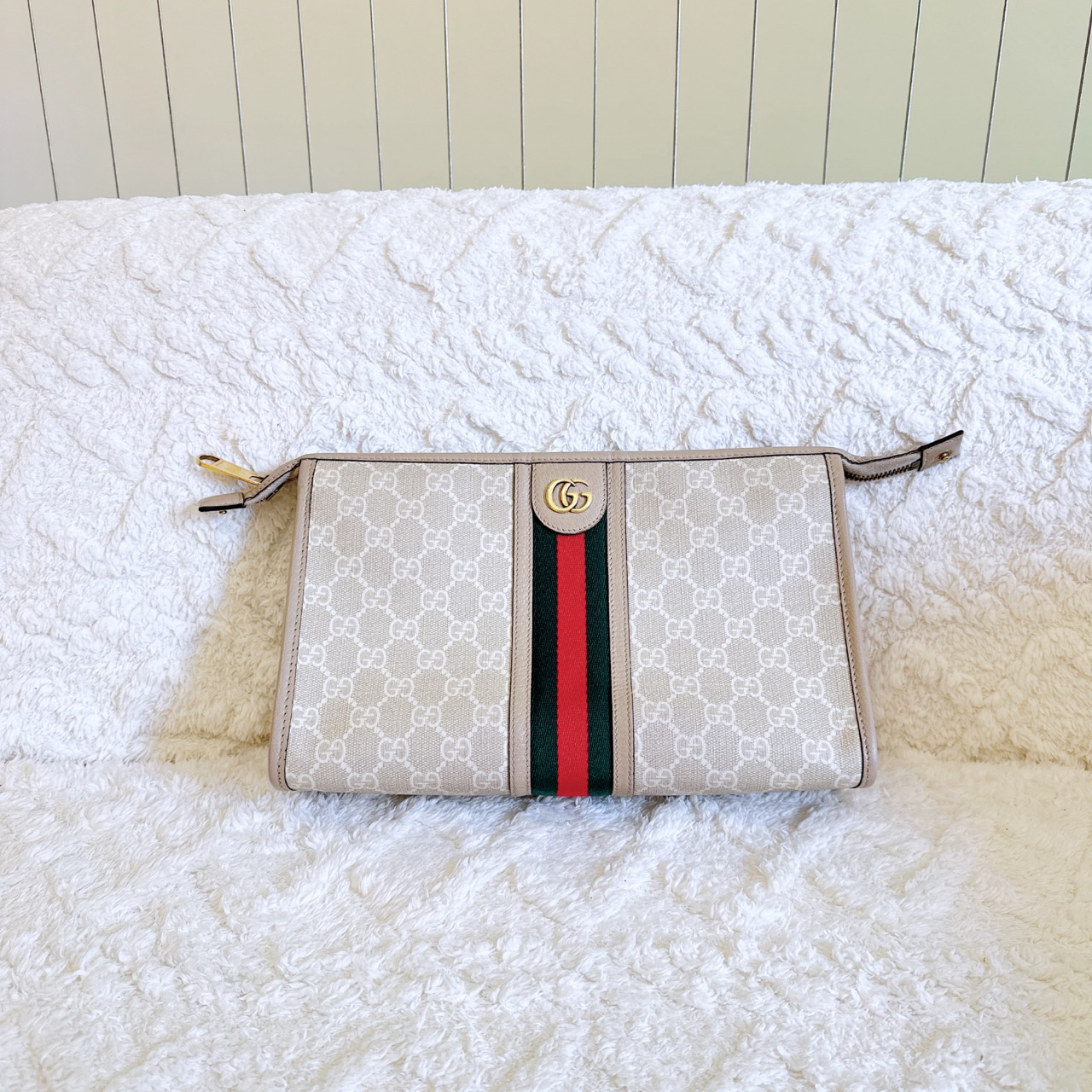95新 GUCCI/古驰  Ophidia 系列手拿包 洗漱包 搭配绿红绿织带 