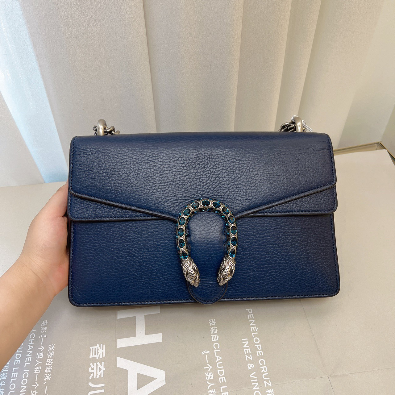 99新 GUCCI/古驰 酒神钻扣中号 优雅午夜蓝色 可单肩斜挎
