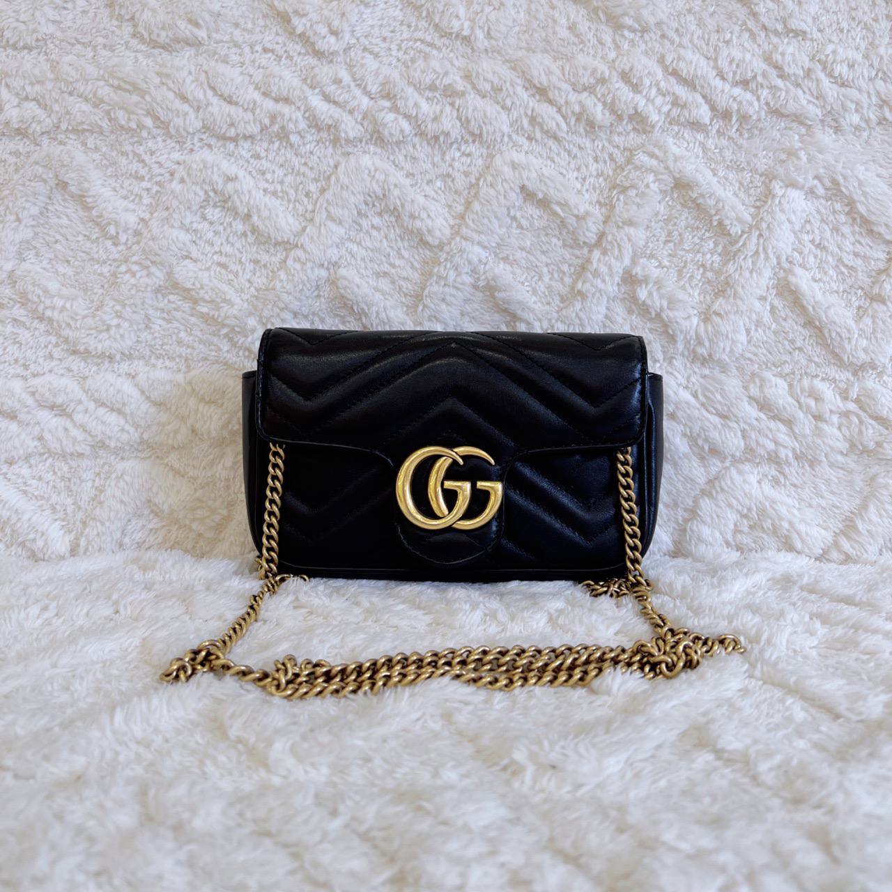 95新 GUCCI/古驰 马蒙黑金单肩斜挎包 mini超迷你 链条包单肩包