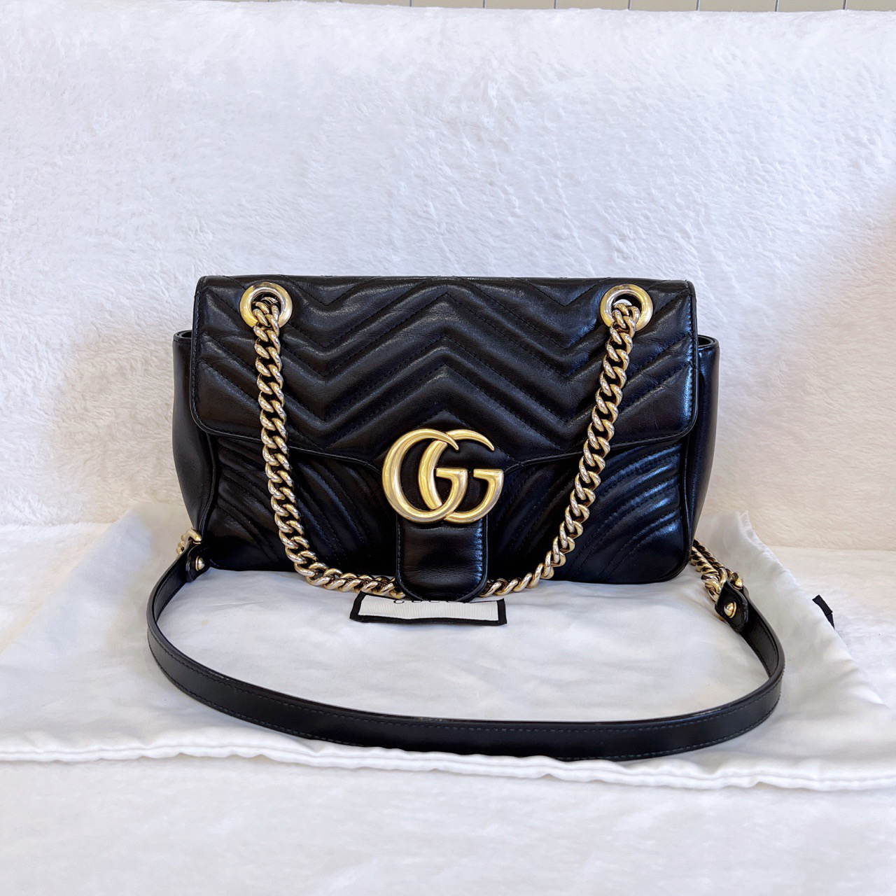 95新 GUCCI/古驰 马蒙26黑金单肩包 025编码