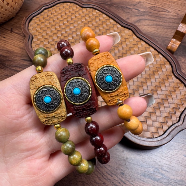 《时来运转》8mm檀木手串转金轮设计款男女情侣简约时尚个性手串