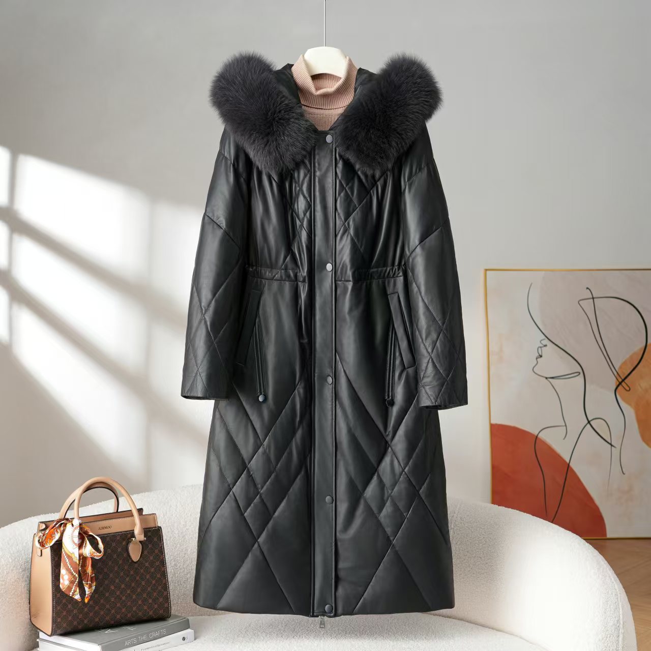 2024新款女款冬季可脱卸大毛领收腰连帽保暖真皮鹅绒服女长款外套