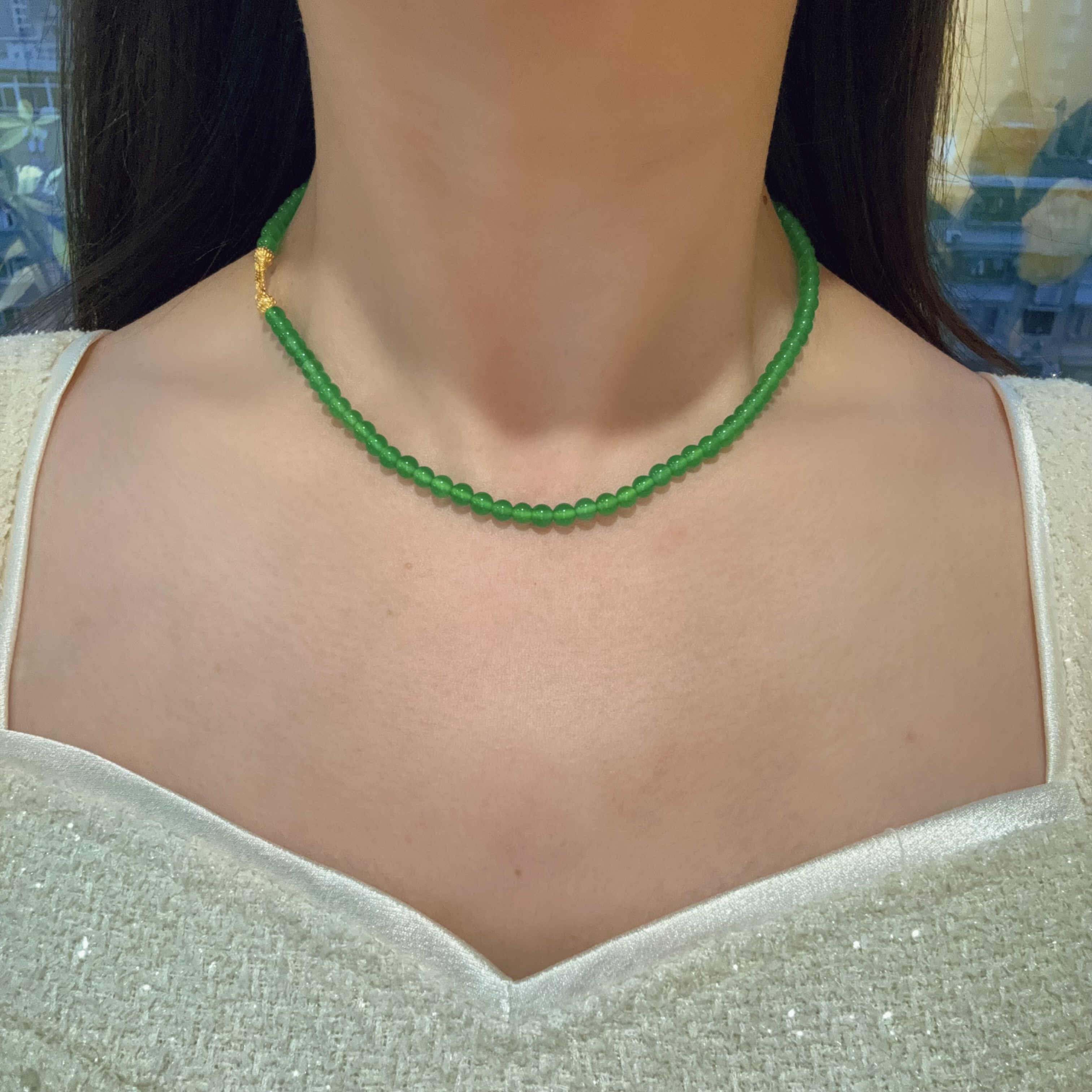 QIAOZUN/巧尊天然玉髓项链4mm长40cm小米珠珠链锁骨短款简约精品