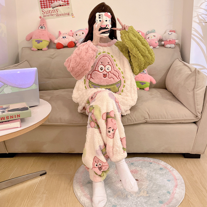 珊瑚绒睡衣女秋冬季加厚加绒加大码200斤保暖卡通冬款家居服套装