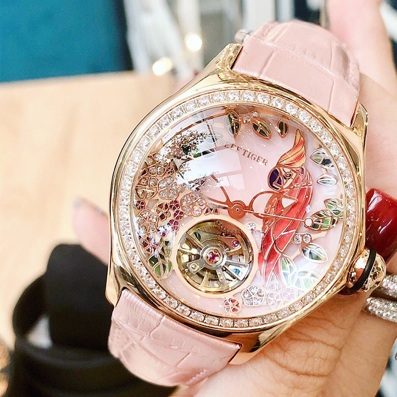 联名新款国潮时尚鹦鹉手表女机械表皮表带女士手表3D女表