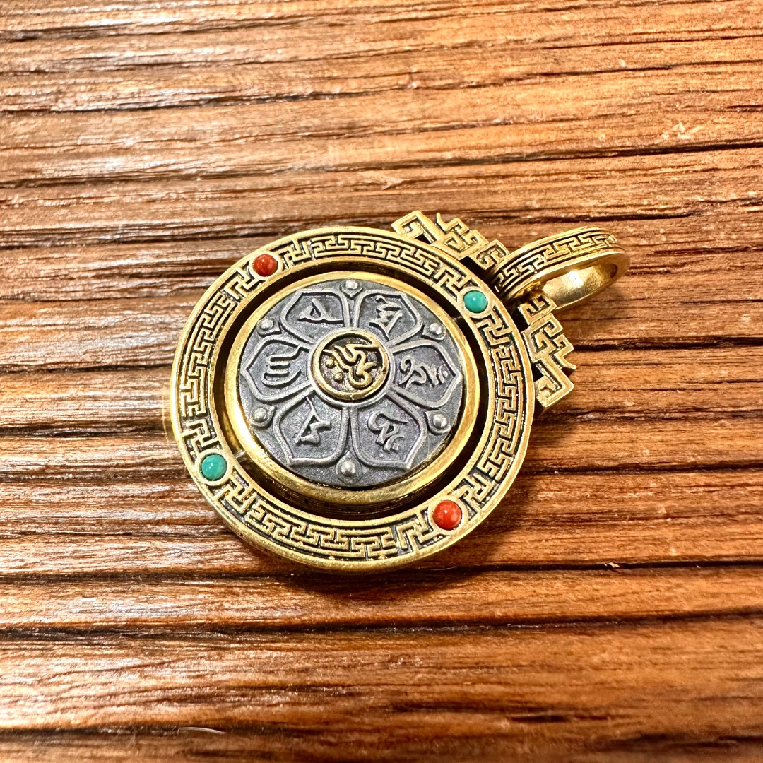 吊坠925银 【匠艺】925纯银镶铜手工可旋转六字真言吊坠挂件复古