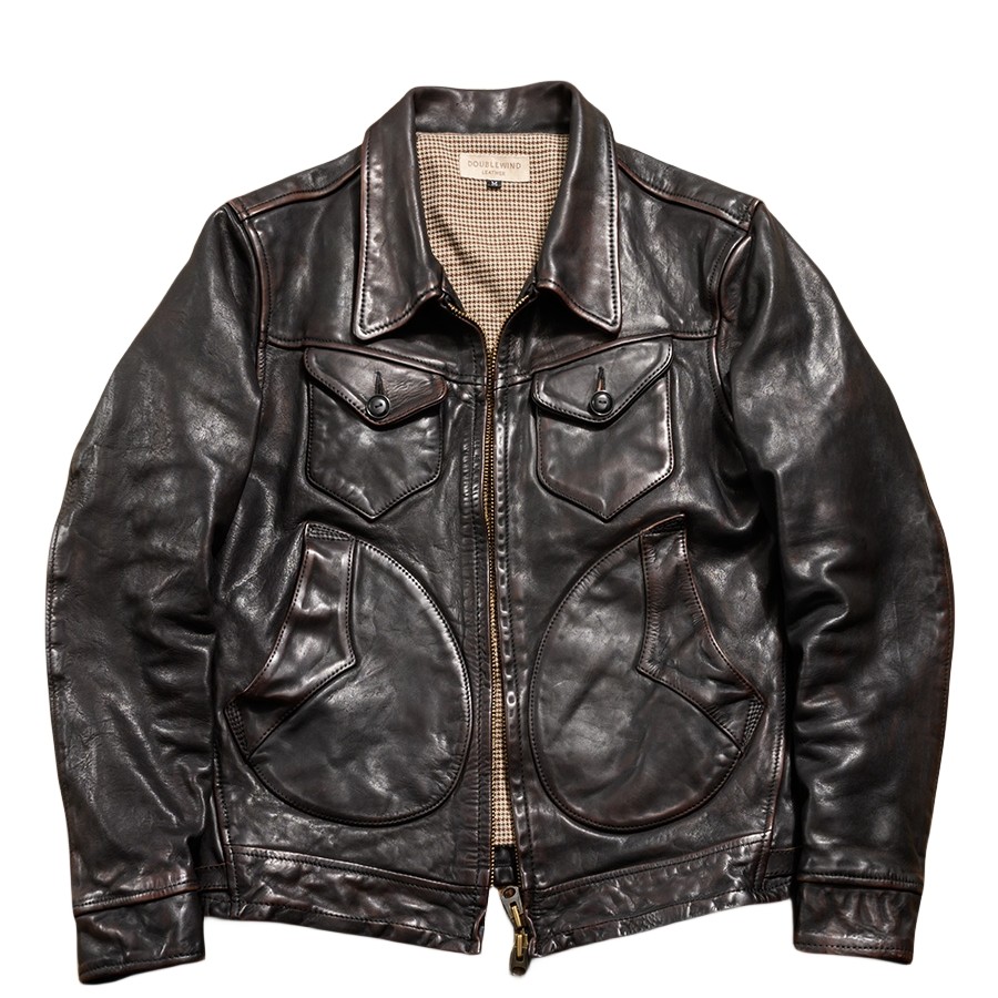 美式复古男装水洗转鼓擦色旧化头层茶芯马皮夹克短款门多萨皮衣