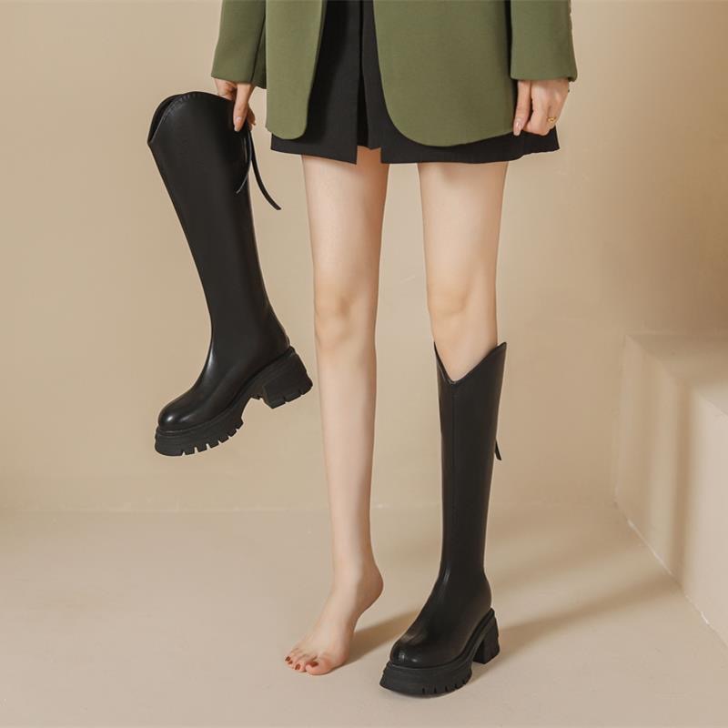 回力瑞长筒靴女2023秋冬新款骑士靴厚底百搭小个子中筒瘦瘦靴加绒