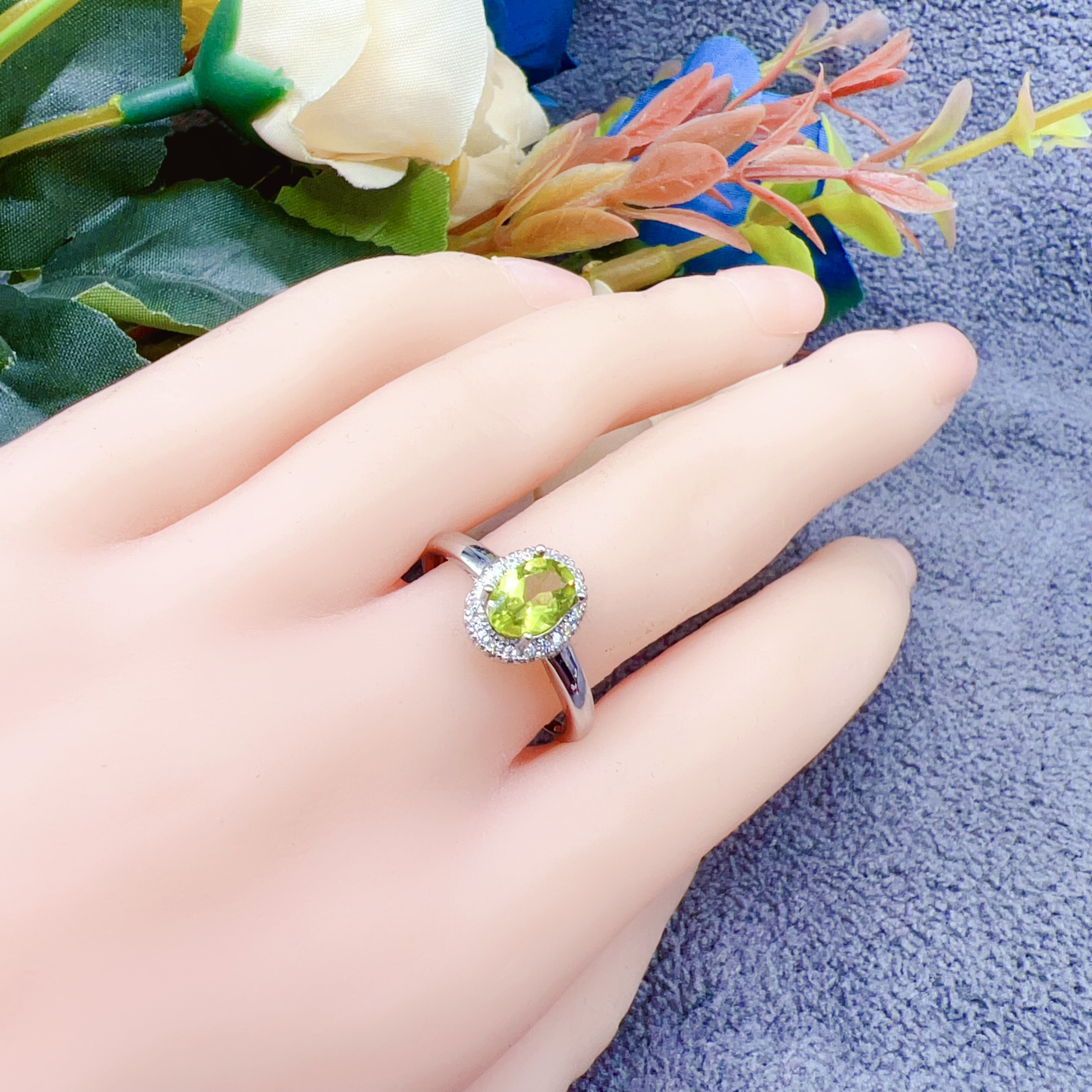 天然橄榄石s925银戒指活口5*7mm