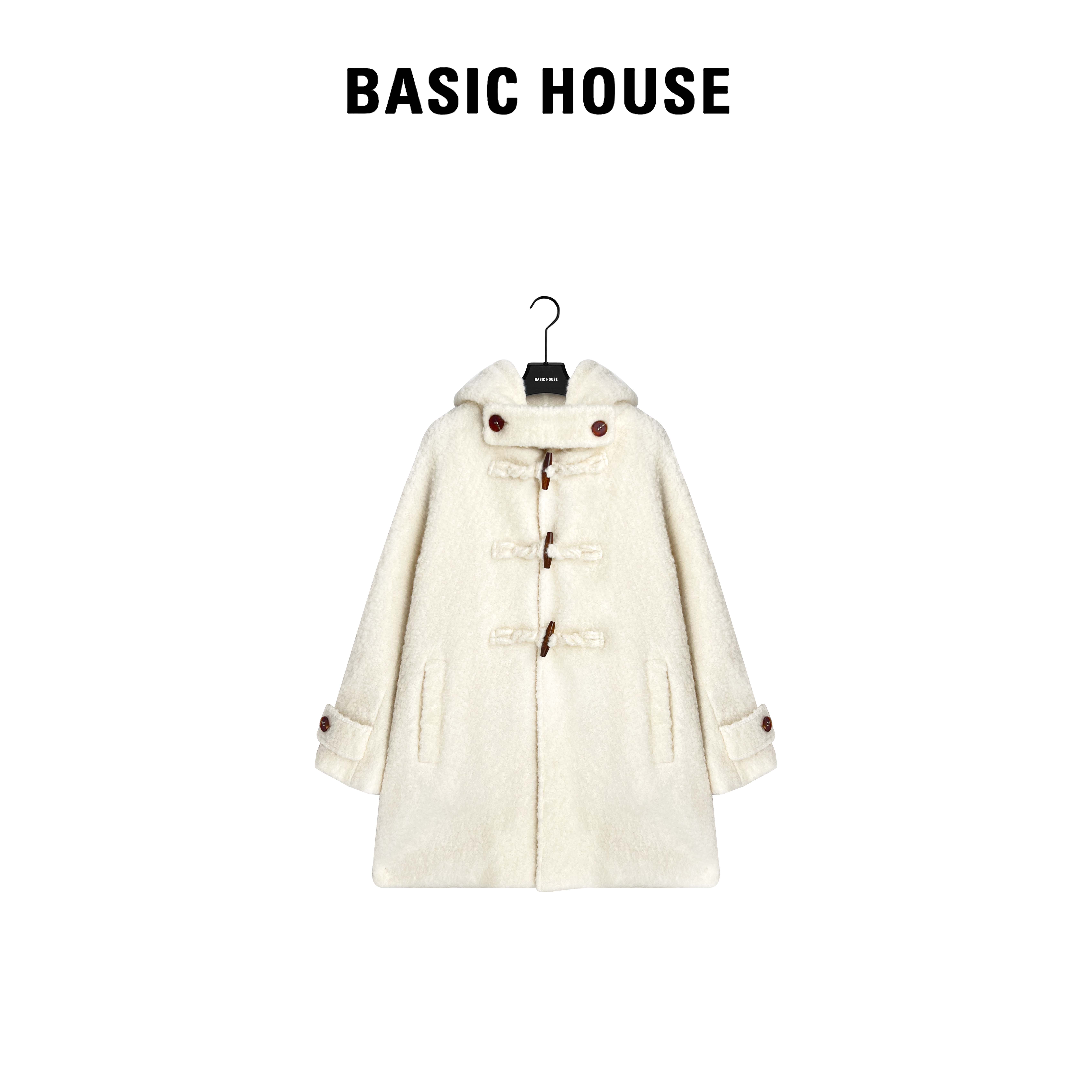 Basic House/百家好2024秋冬时尚百搭连帽宽松羊羔毛女外套WQ896