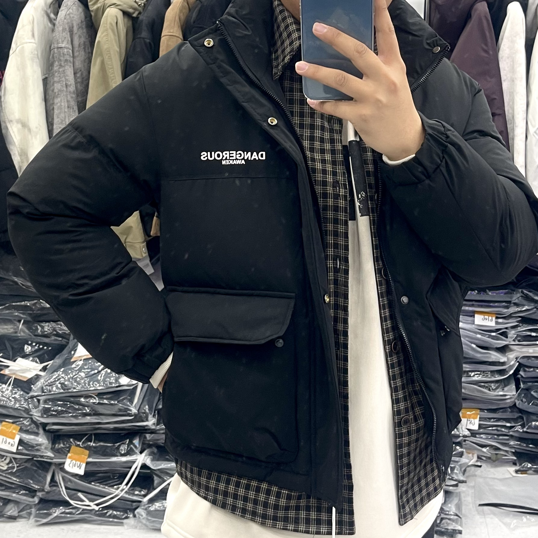 Trying GL男士假两件衬衫潮流棉服外套