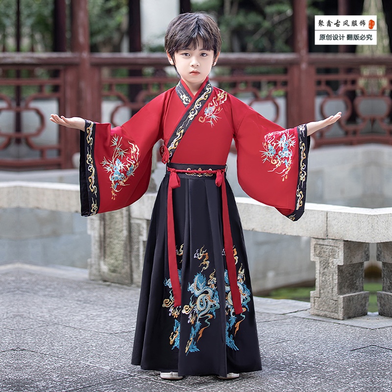 【原创天龙】秦汉朝代表演服古装男童汉服国学服中国风服学生演出服