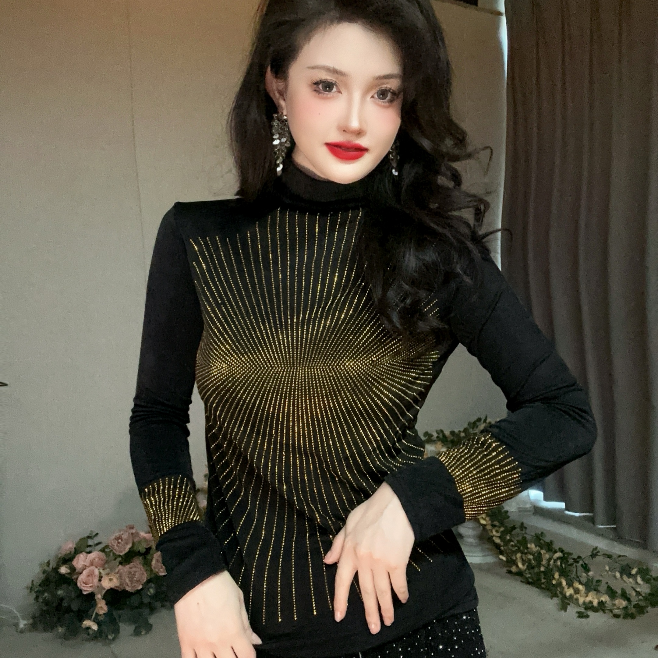 3004【加绒磨毛】太阳花打底衫女装欧货重工烫钻长袖T恤上衣女