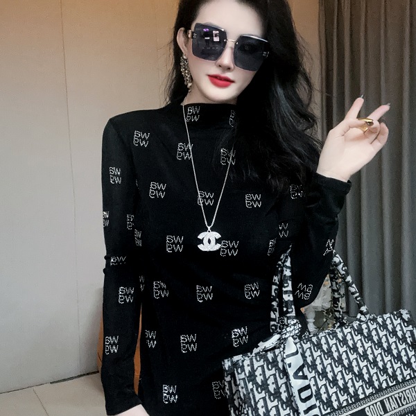 348【加绒磨毛】双字母打底衫女装欧货重工烫钻长袖T恤上衣女