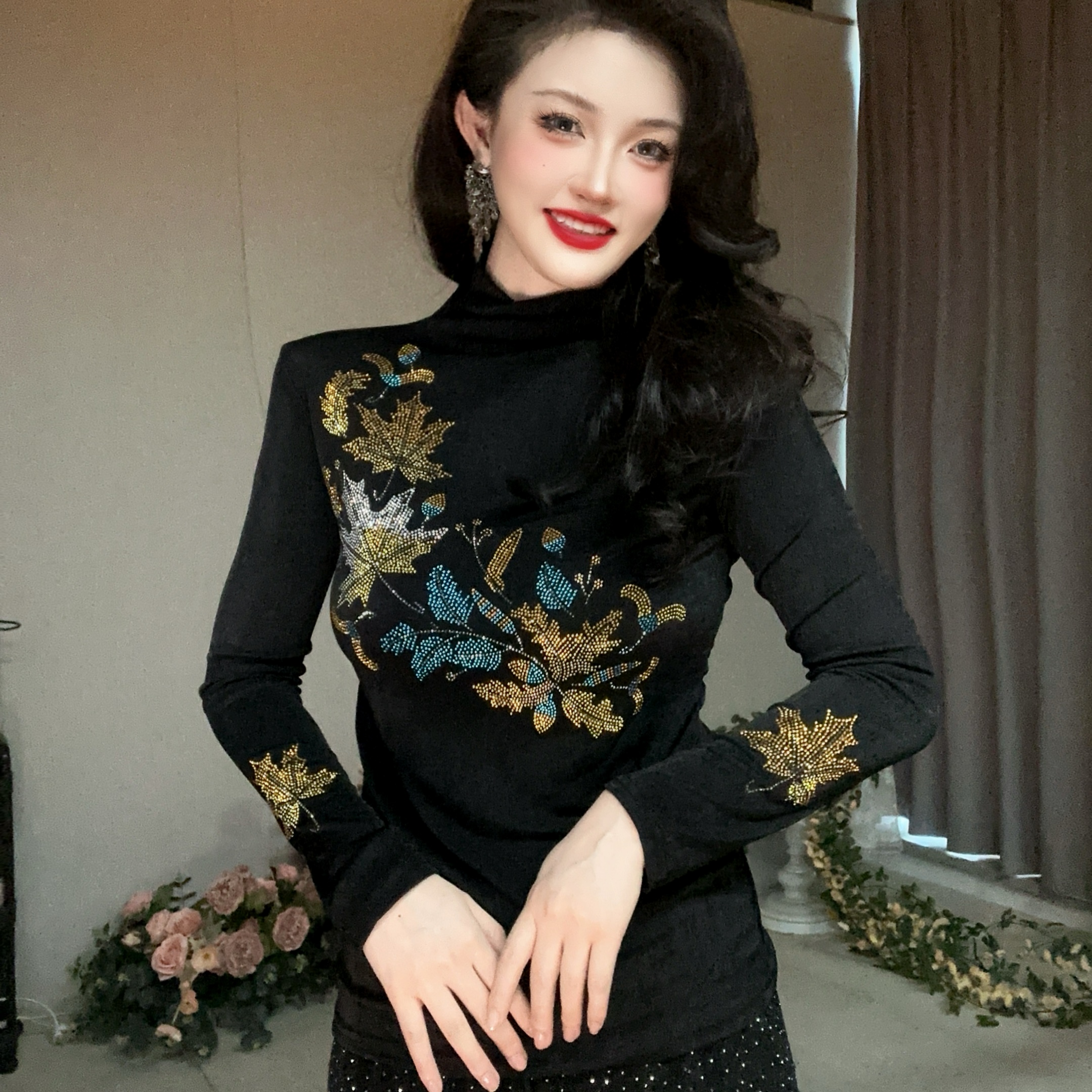 【加绒磨毛】落叶纷飞打底衫女装欧货重工烫钻长袖T恤上衣女