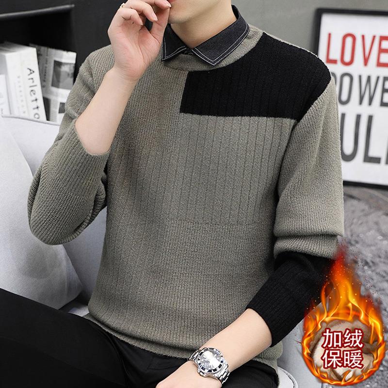 啄木鸟假两件毛衣男士修身休闲衬衫领羊毛衫针织男装2023秋冬装潮