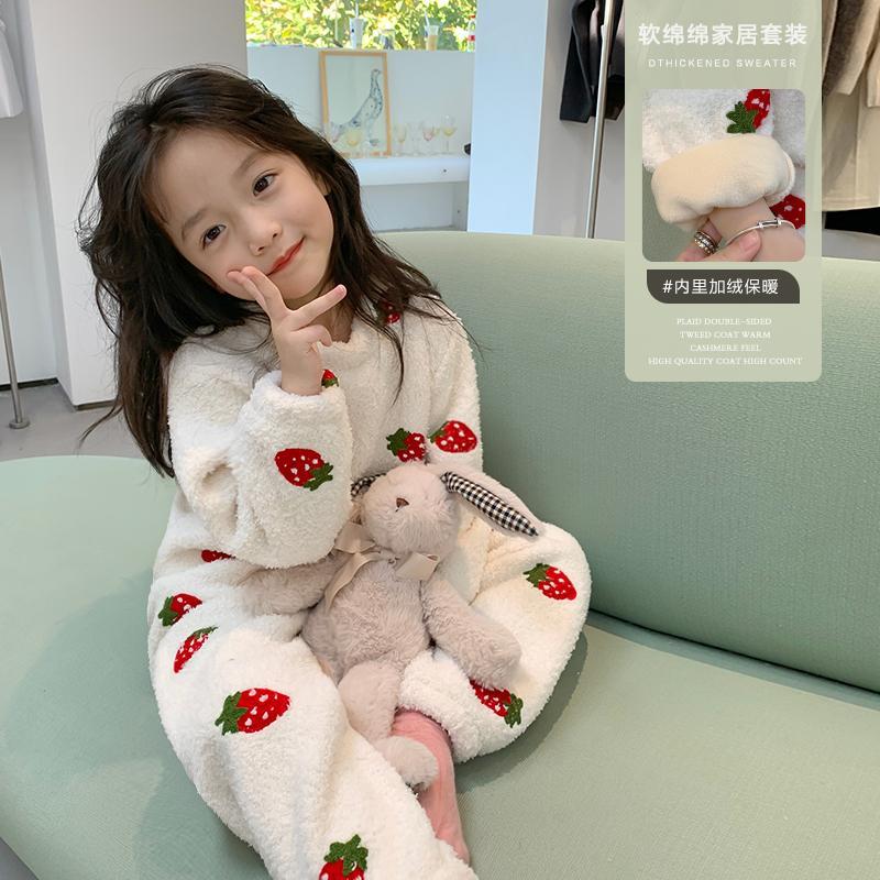 女童睡衣秋冬装新款儿童保暖珊瑚绒套装中大童加厚宝宝可爱家居服