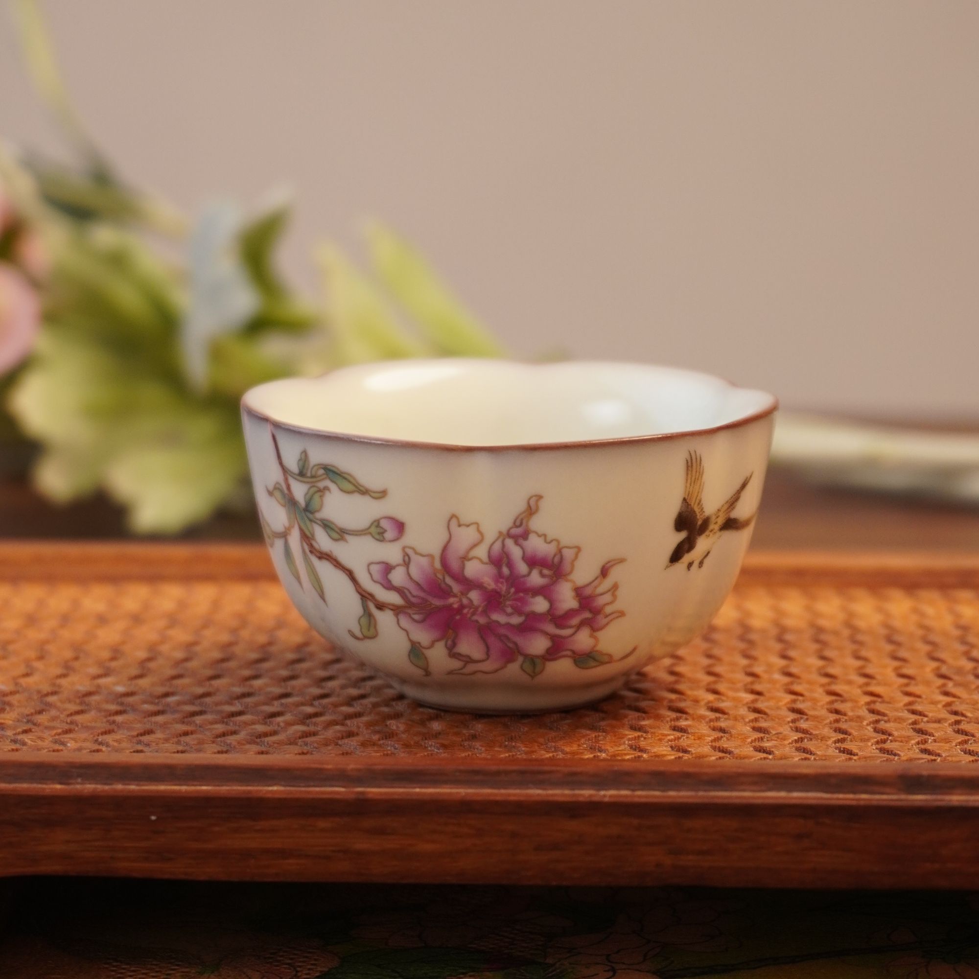 【猪油冻·芍药花·小花口杯】青釉开片养线陶瓷主人杯复古家用花纹