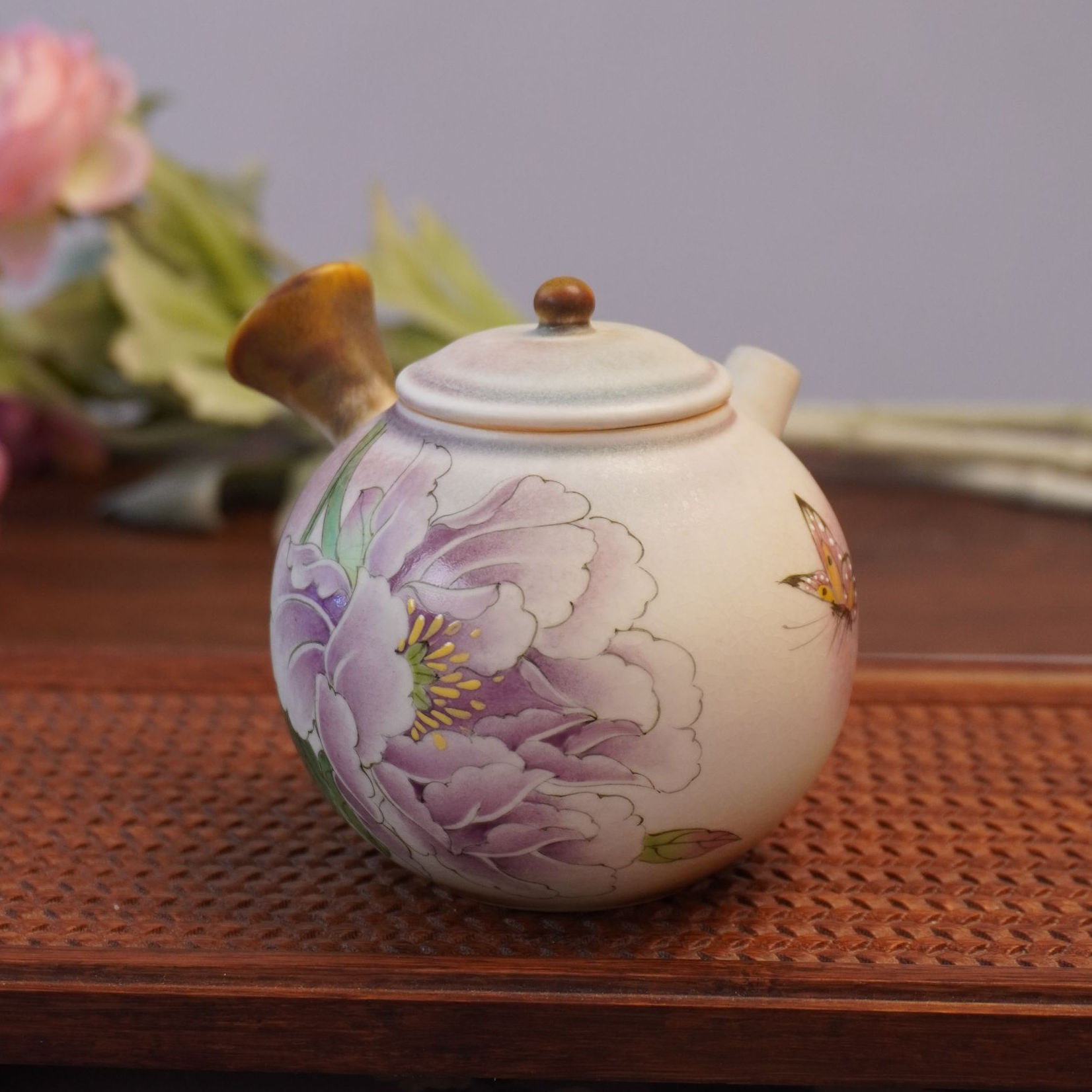 【紫牡丹·侧把壶】李辉熠手作纯手工柴烧手绘小容量女士泡茶壶