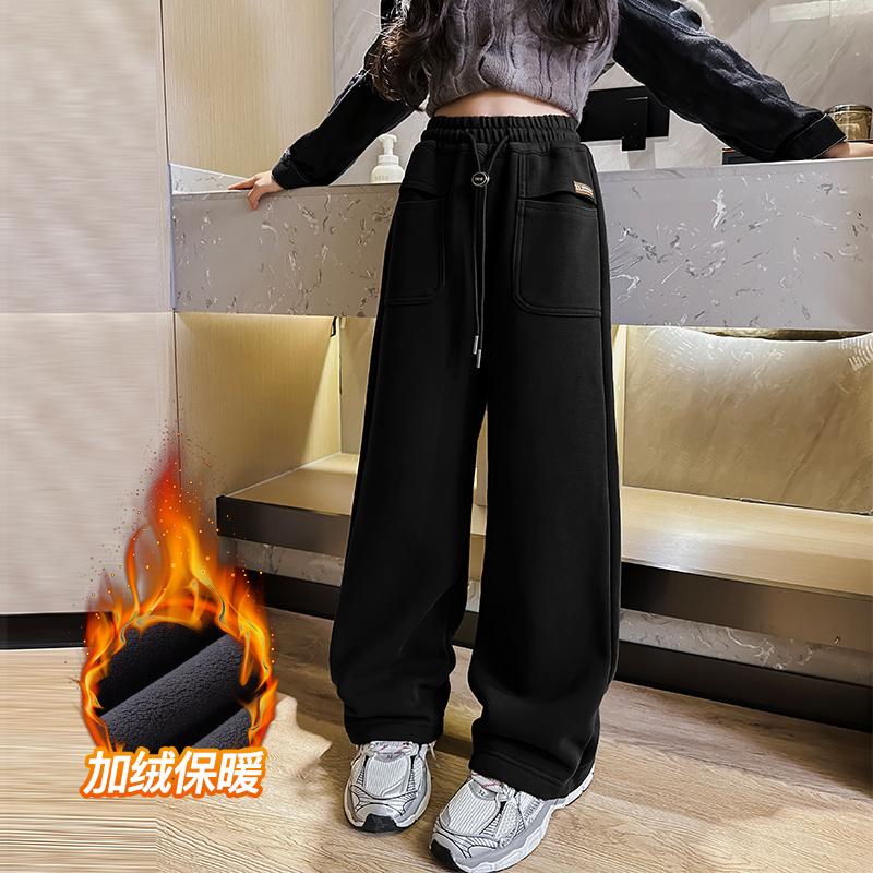 女童加绒裤子一体绒6-12岁15岁中大童洋气休闲冬季加厚直筒阔腿裤