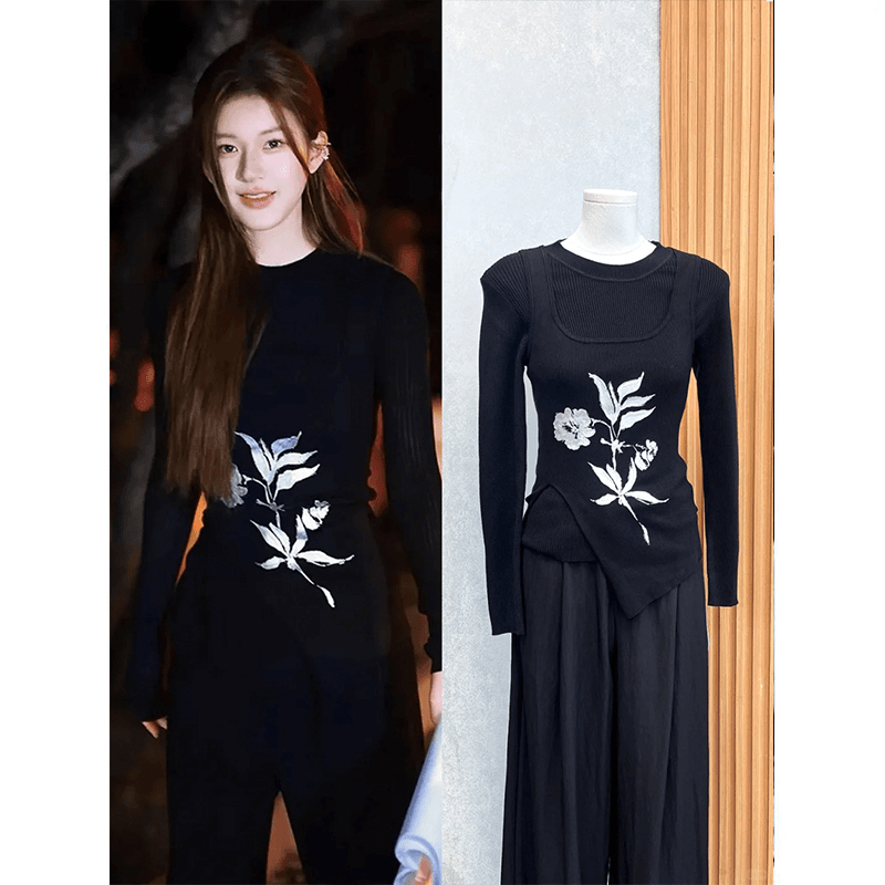 许妍赵露思同款黑色长袖打底不规则针织衫花卉开叉吊带背心两件套