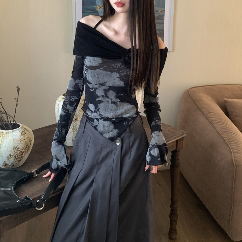 纯欲早秋辣妹穿搭网纱一字肩露肩长袖短款收腰修身上衣女