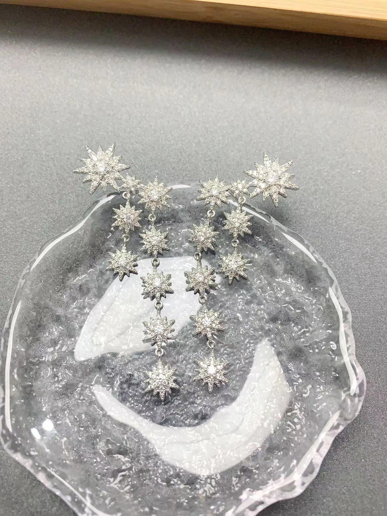 铜合金合成锆石耳饰 2135奢华微香满锆气质八芒星流苏耳环￼