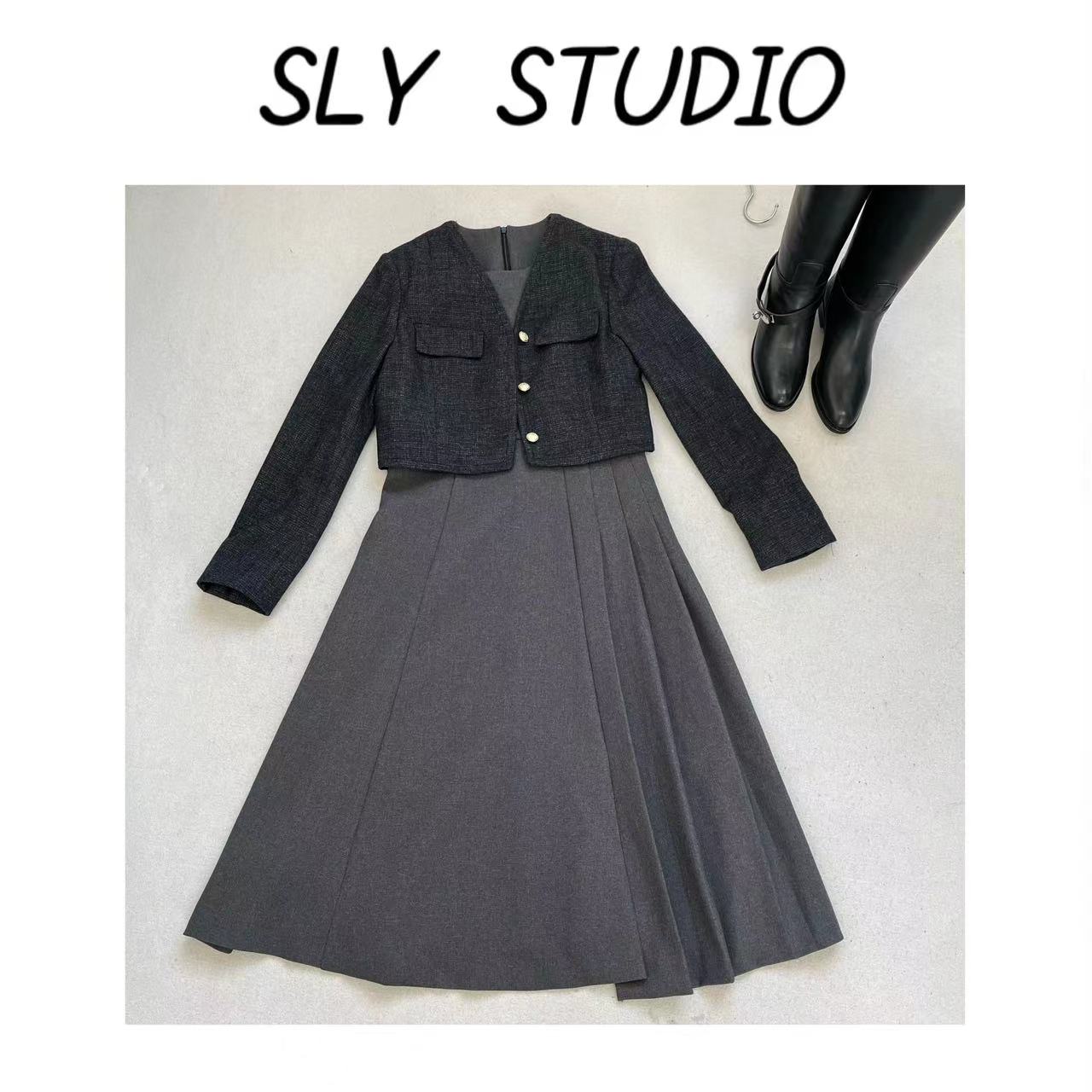 《素来伊女装》小香风针织显瘦百搭长袖假两件连衣裙