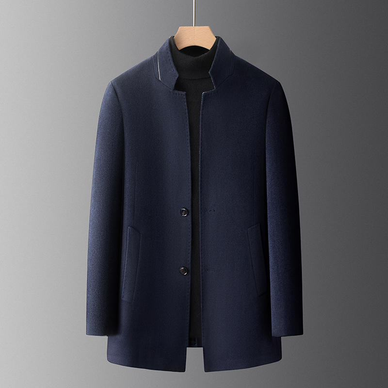 89.5%羊毛 8.6%桑蚕丝立领中长款羊毛呢子男大衣外套商务