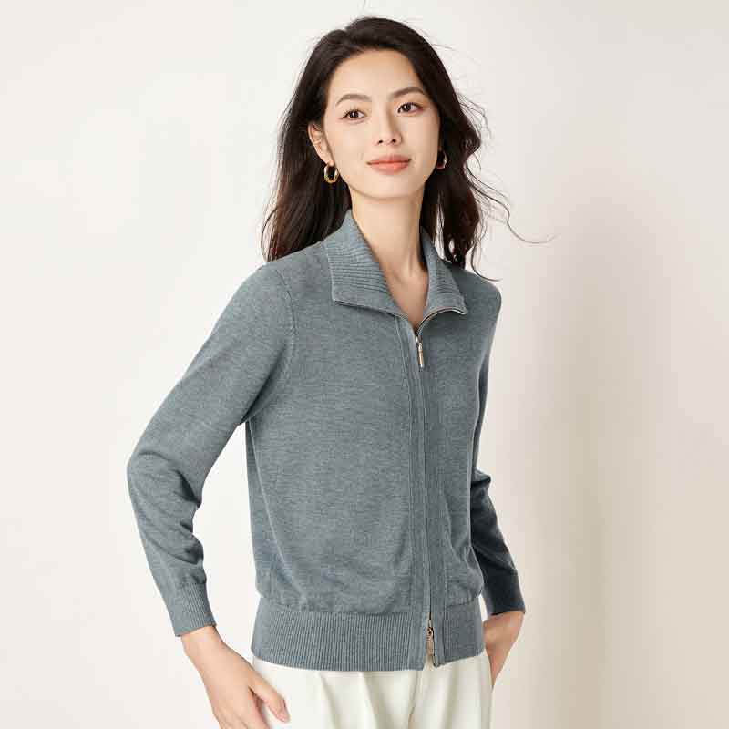 宝迪莱丝2025春秋莱赛尔天丝针织衫女POLO领长袖拉链开衫毛衣毛衫