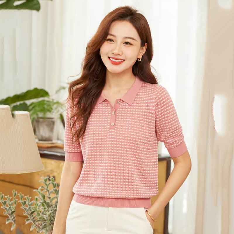 2025春装新品莱赛尔天丝针织衫女POLO领五分袖毛衫百搭中袖上衣